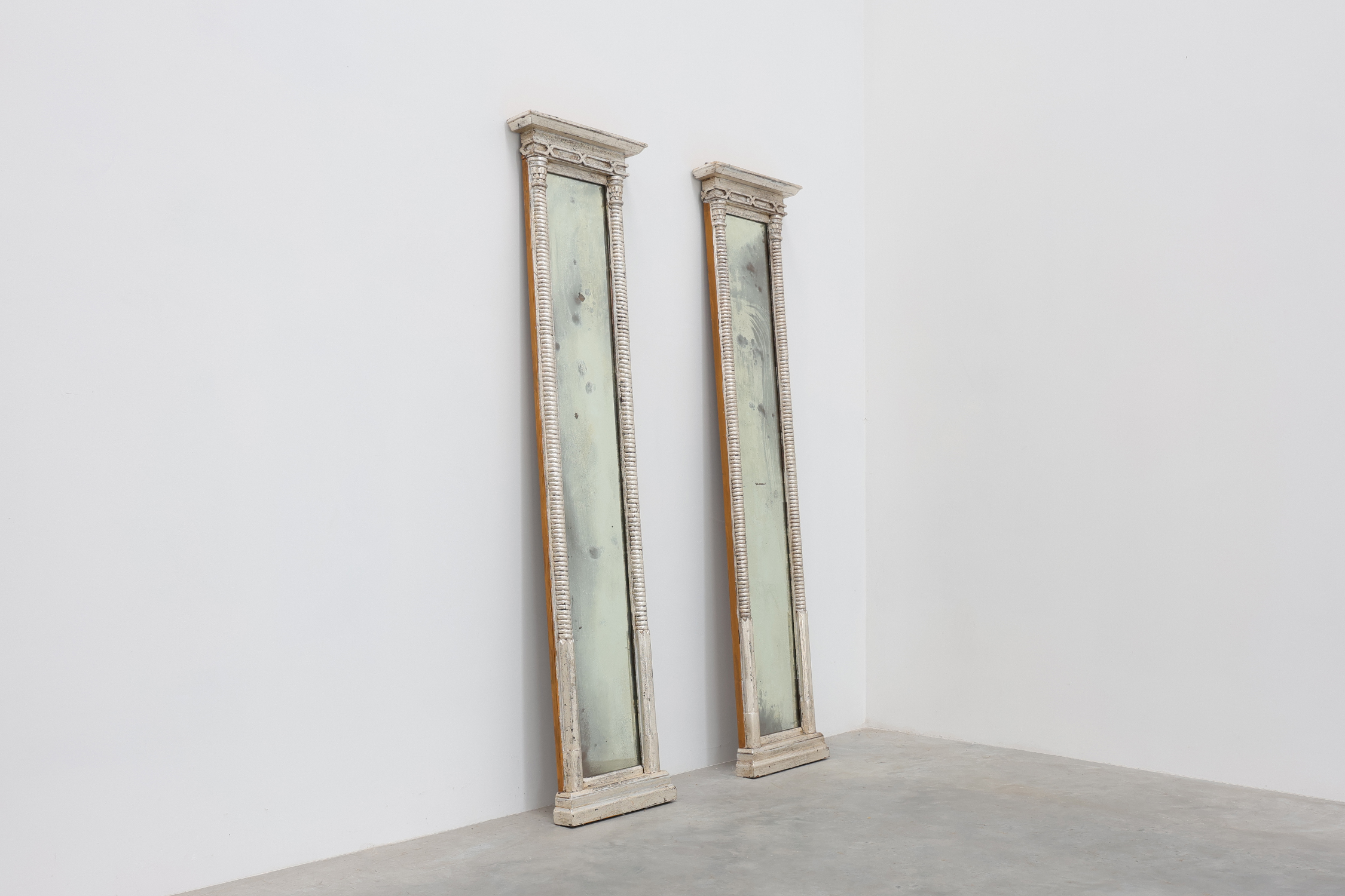 Pair of Neoclassical Silver Leaf Pier Mirrors with Ringed Columns and Cornice, Italy, ca. 1850thumbnail